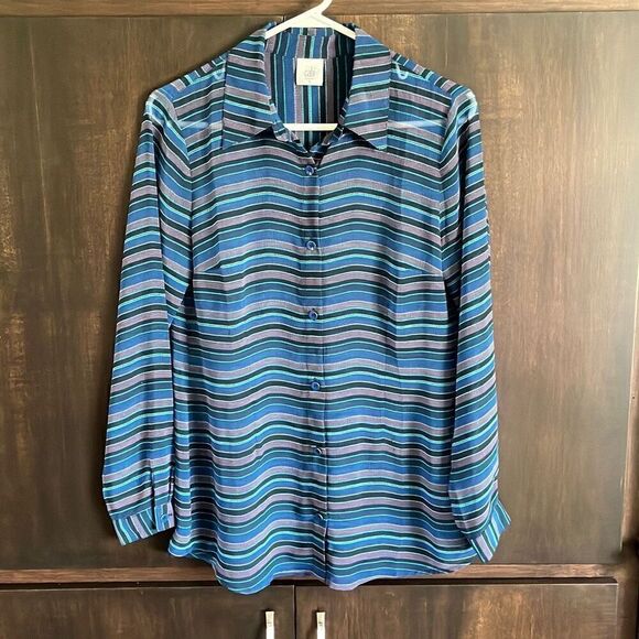 CAbi Alex Blouse Split Back Striped Blue Small Blouse Top #3330 - Picture 5 of 6